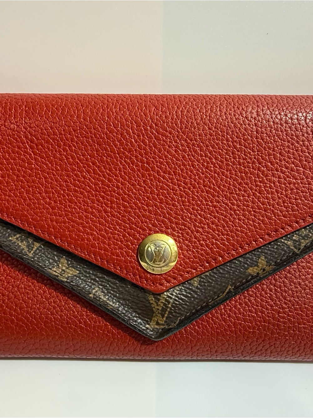 Louis Vuitton Red Pebbled Leather Envelope Wallet with Monogram Trim